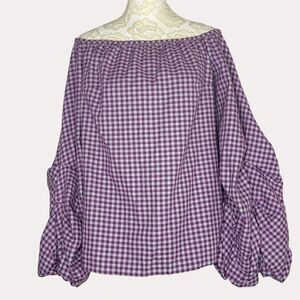 Guest Edition Anthropologie Off Shoulder Peasant Blouse Top Plaid M bv